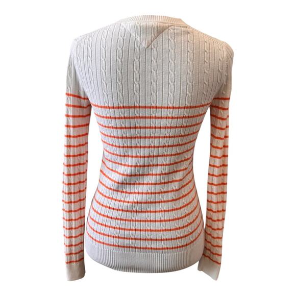 New TOMMY HILFIGER Women's Cream/Orange V Neck Stripe Cable Sweater Size S - Picture 3 of 6